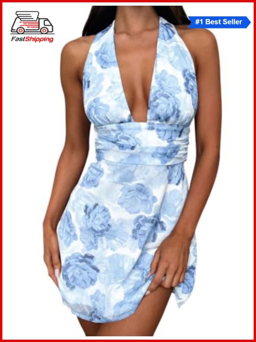 Women Halter V Neck Flowy Backless Satin Mini Dress Sleeveless